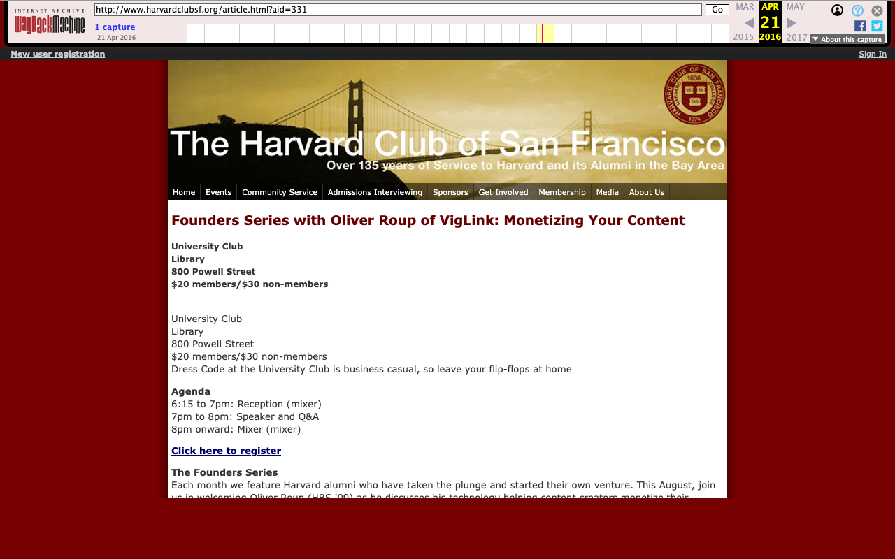 Harvard Club event page screenshot