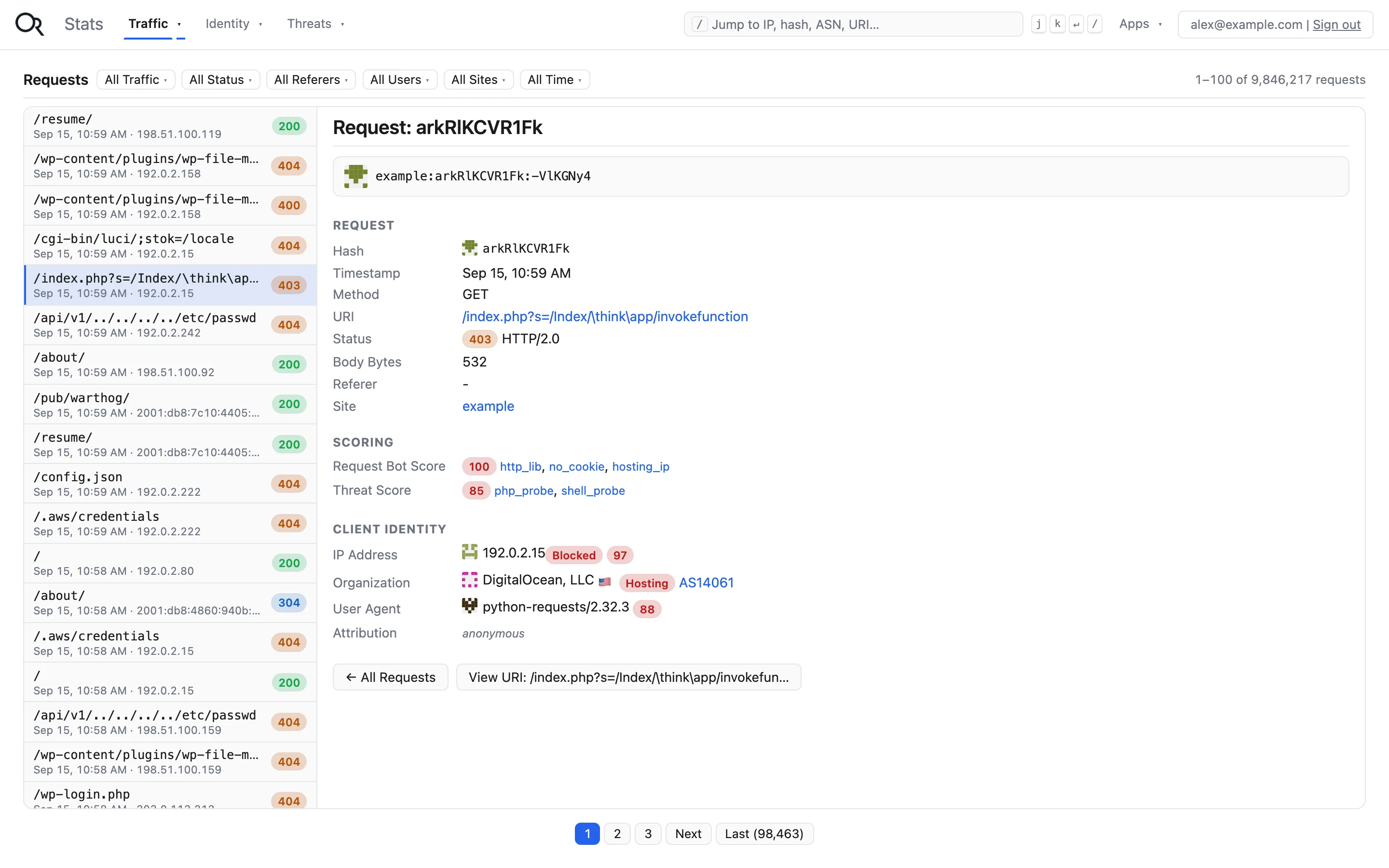 Access log beside one scanner request with its bot and threat scores broken down