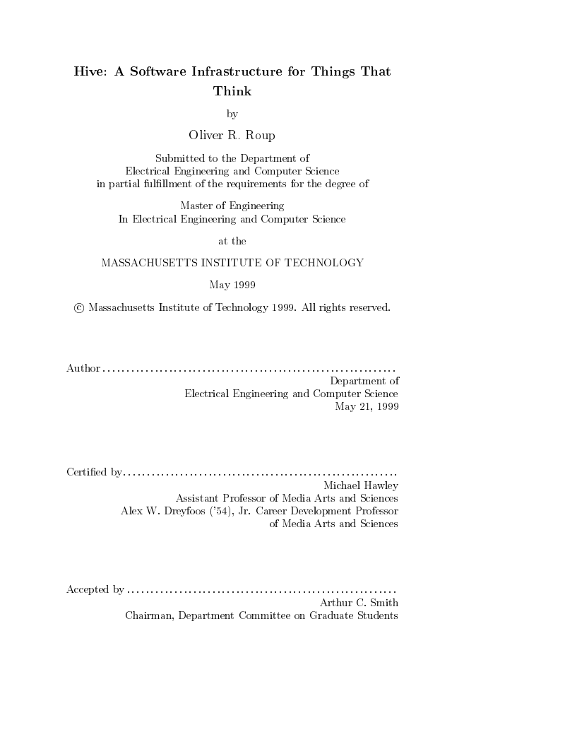 Hive: A Software Infrastructure for Things That Think — title page